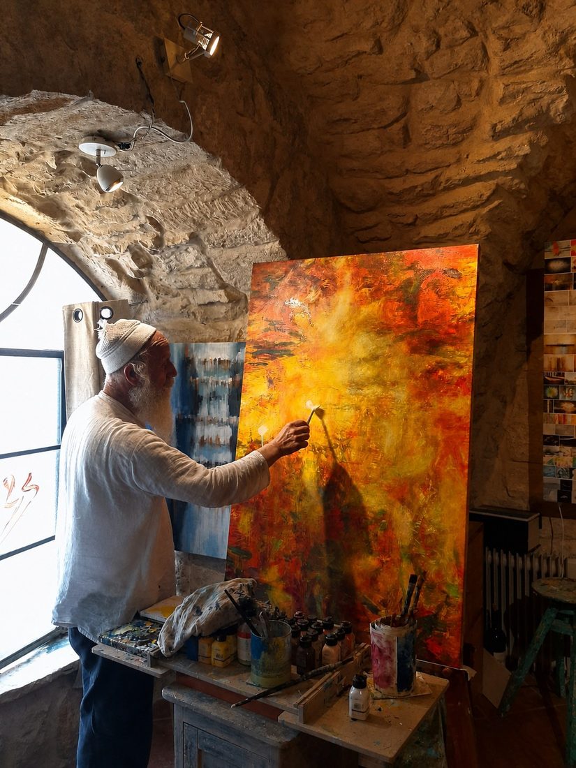 Yoel Tordjman painting in his studio in Tzfat